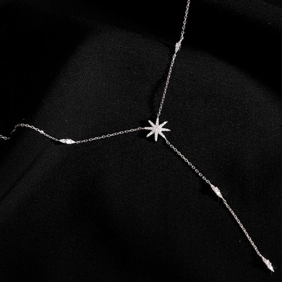 925 Sterling Silver Diamond Star Dangle Drop Lariat Dainty Minimalist Necklace - Picture 5 of 8